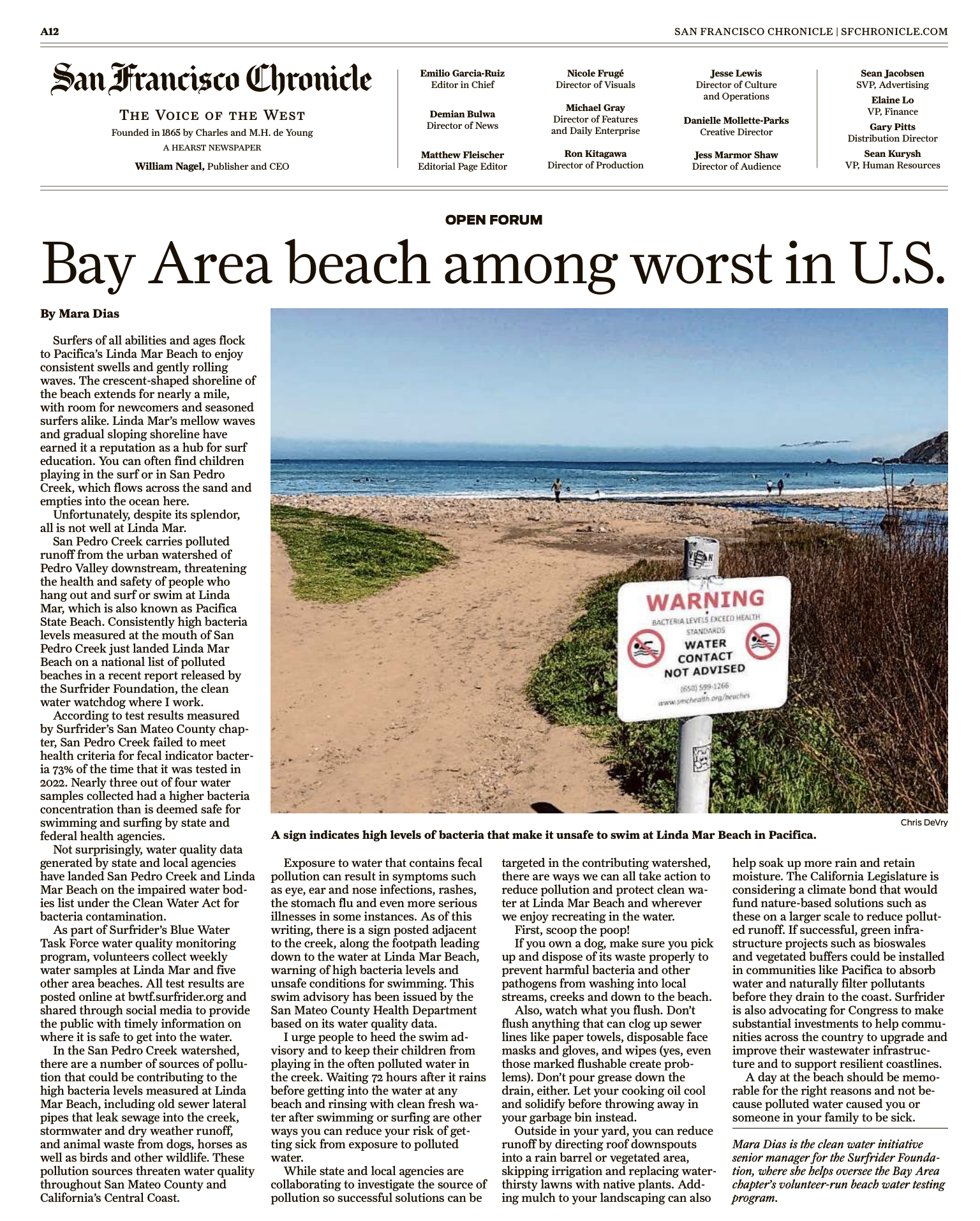 Surfrider San Mateo County Op Ed On Linda Mar Beach in SF Chronicle