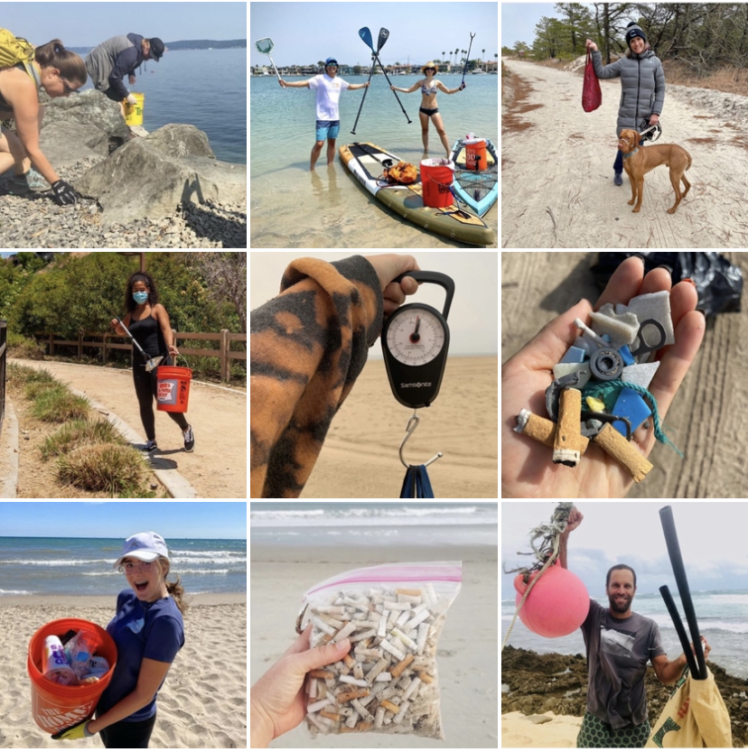nine small photos in a grid with nine different people holding up trash from their own solo beach cleanup. Images from social media posts tagged with solo beach cleanup
