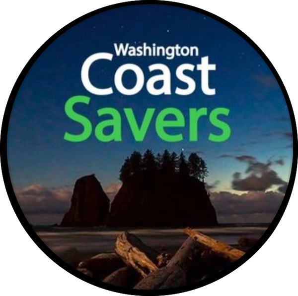 WA Coastsavers logo over a sunset image of pine topped rock formations off a log covered beach