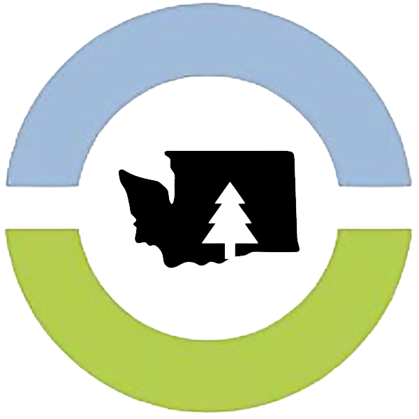 Outdoor alliance logo - a circle of blue on top, green on the bottom, with the shape of washington in the middle with a pine tree cut out 